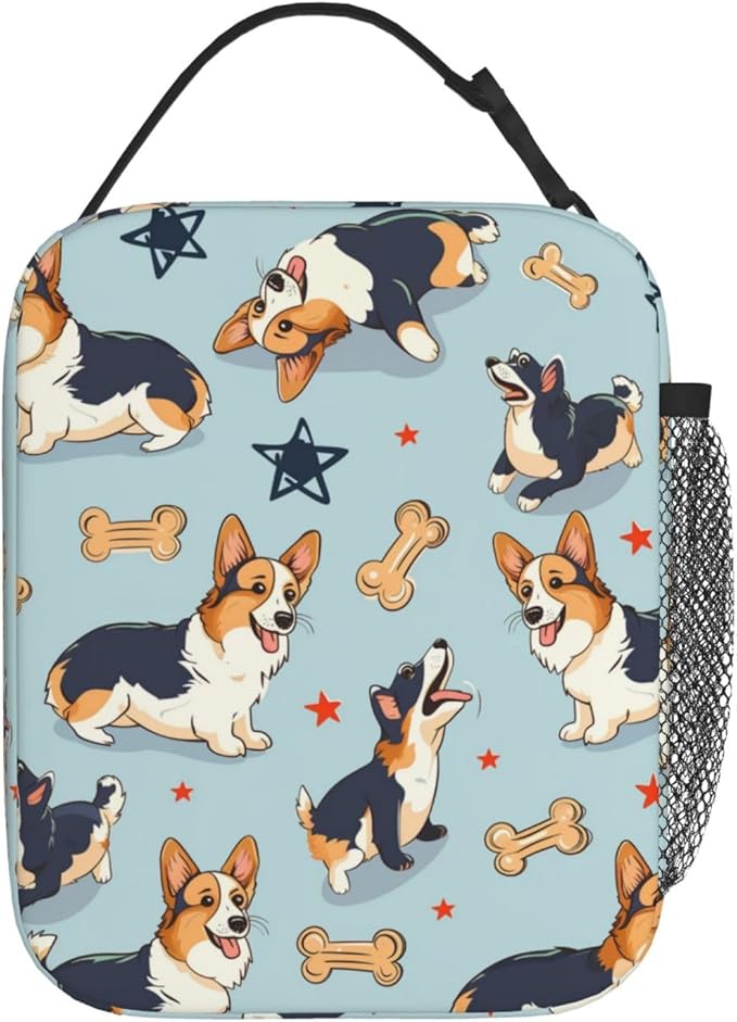 Reusable Corgi Lunch Box for Kids Girls Boys Women Adult, Insulated Cute Bone Lunch Bag,Polyester Cooler Dog Handbags Case for School Picnic Work Travel Beach or Hiking (Blue)