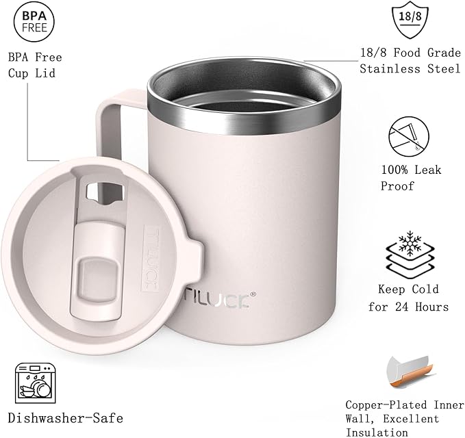 TILUCK 12 oz Insulated Coffee Mug with Lid, Leak-Proof Stainless Steel Travel Mug Cup with Handle for Hot or Cold Drinks(SakuraPink, 12oz)