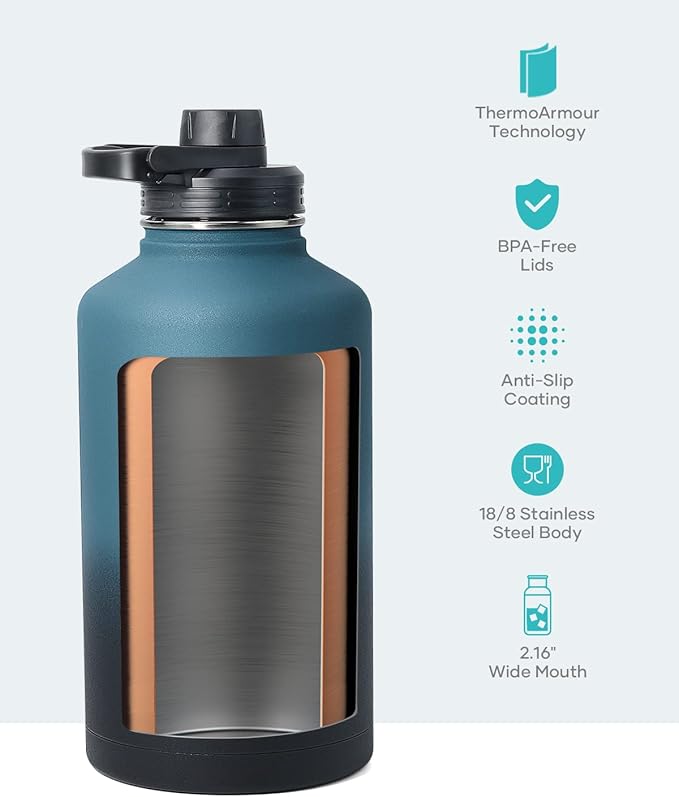 BUZIO 64 oz Water Bottle Insulated with Straw & 3 lid and Carrying Pouch, Leak Proof Half Gallon Stainless Steel Water Flask Jug, Cold for 48 Hrs Double Vacuum Thermo Canteen, BPA-Free, Indigo Crush