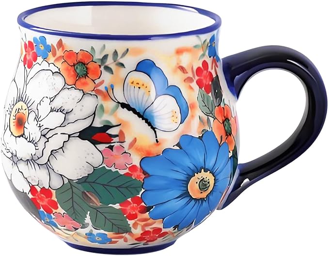 ALMA 2025 Updated Ceramic Coffee Mug 12oz/380ml,Floral Belly Mug for Women,Tea Cup For Mother,Microwave Oven Safe(Wildflower Waltz,Medium)