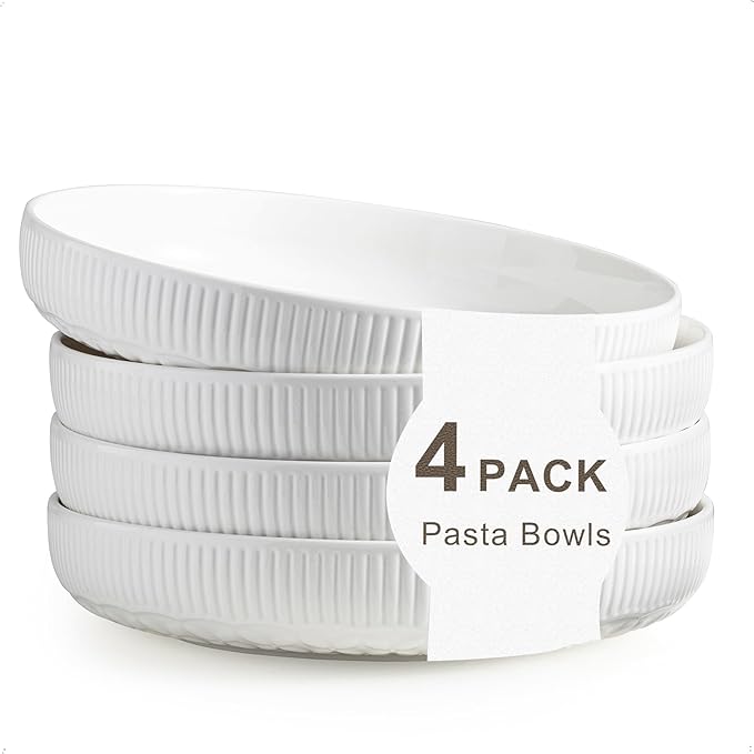 YHOSSEUN 9.75" Pasta Bowls Set of 4, 50 OZ Large Salad Serving Bowls Pasta Plates, White Soup Bowl for Kitchen Meal Prep, Ceramic Shallow Dishes, Clover Stripe