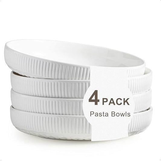 YHOSSEUN 9.75" Pasta Bowls Set of 4, 50 OZ Large Salad Serving Bowls Pasta Plates, White Soup Bowl for Kitchen Meal Prep, Ceramic Shallow Dishes, Clover Stripe