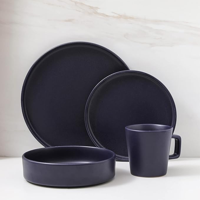 Stone Lain Cleo Modern Stoneware 16-Piece Dinnerware Set, Plates and Bowls Set, Dish Set Service For 4, Dark Blue