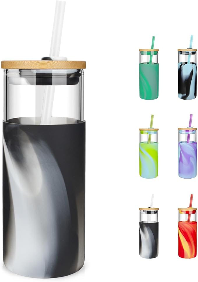 Tronco 20 oz Glass Tumbler with Lid and Straw, Iced Coffee Cup and Smoothie Cup with Bamboo Lids & Protective Silicone Sleeve, Dishwasher Safe, BPA-Free, Glass Cup 1 Pack