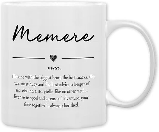 QASHWEY Memere Gifts Coffee Mug, Gifts for Memeres Grandma from Grandkids Grandchildren, Grandma Coffee Mug, Mothers Day Mugs Tea Cup Gift for GrandmaMemere, Memere Definition CoffeeCup Ceramic 11oz