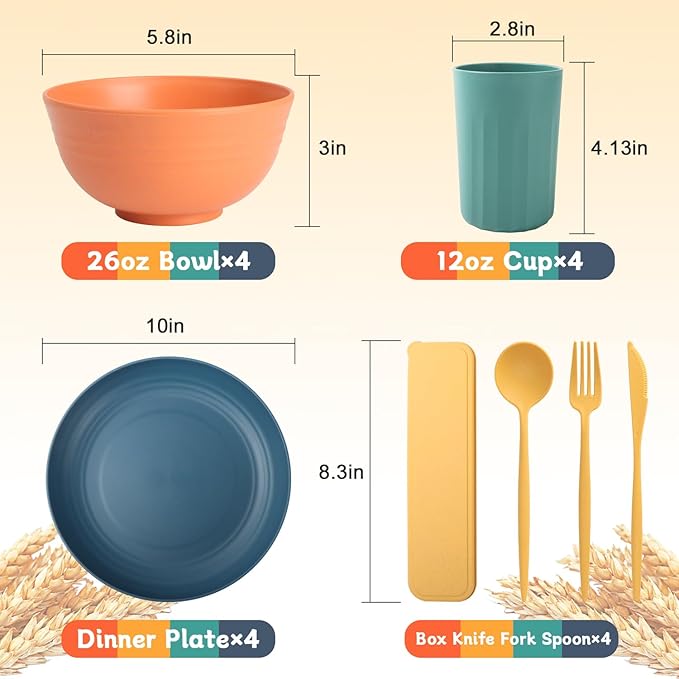 28 Piece Wheat Straw Dinnerware Sets,Dishwasher & Microwave Safe Plates and Bowls Sets - Unbreakable Plastic Dinnerware Sets for 4 Dinner Plates, Cups, Cereal Bowls - Colorful Series
