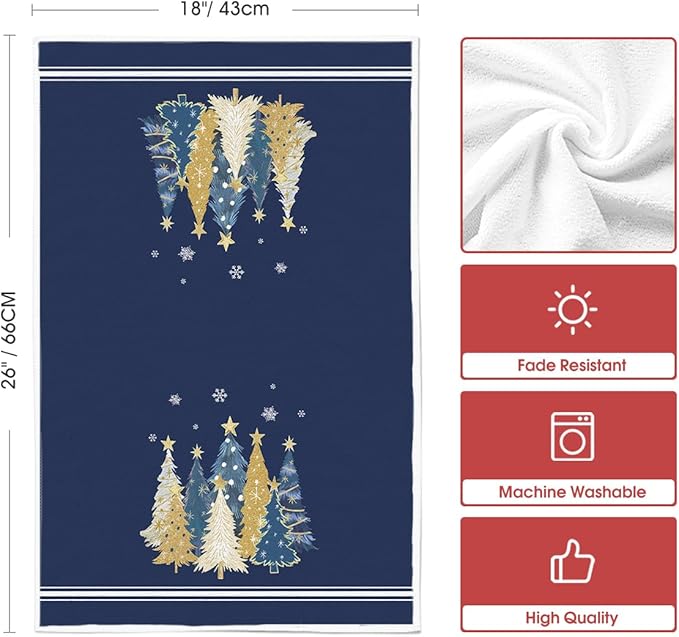 Artoid Mode Blue Xmas Tree Merry Christmas Kitchen Towels Dish Towels, 18x26 Inch Farmhouse Star Snowflakes Decoration Cleaning Set of 2