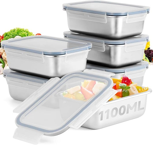 6-Piece 304 Stainless Steel Food Storage Containers with Lids, Leakproof & Airtight Bento Lunch Box, Oven/Freezer/Dishwasher Safe,Stackable Kitchen Storage Set