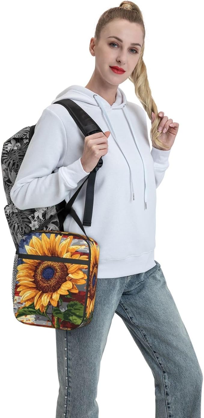 Sunflower Lunch Box for Kids Aldults, Patriotic Floral Reusable Thermal Insulation Cooler Tote Bags, American Flag Rustic Bloom Insulated Bag for Student, School Picnic Camping Travel, Gifts