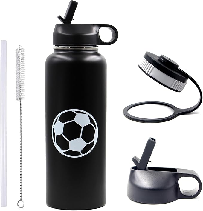 40 oz Soccer Water Bottle, Sports Flask Metal Travel Tumbler with 2 Lids, BPA-Free Stainless Steel Double Wall Vacuum Insulated Leak Proof Water Bottles, Soccer Stuff Gifts for Mom Men Boys Girls Fans