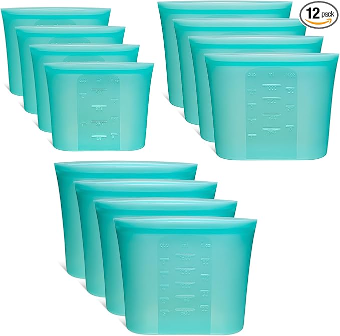 12-Pack Reusable Silicone Food Storage Bags, 100% Silicone Stand-Up Wide-Open Zip-Lock Reusable Storage Bags for Food, Freezer Microwave Oven Dishwasher Safe, Aqua, 4L 4M 4S