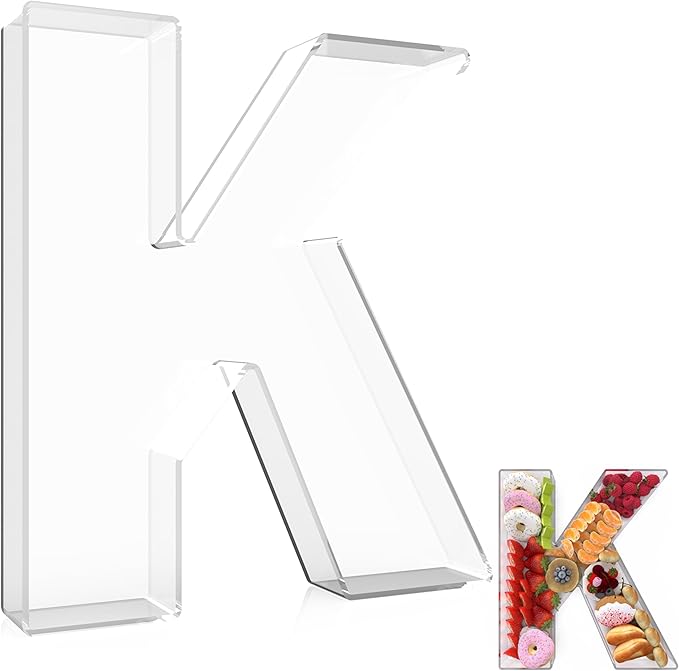 13.8" Extra Large Acrylic Letter Charcuterie Board Box, Reusable Fillable Letter Cake Candy Dish Display Serving Tray for Birthday Anniversary Party Decoration (K)