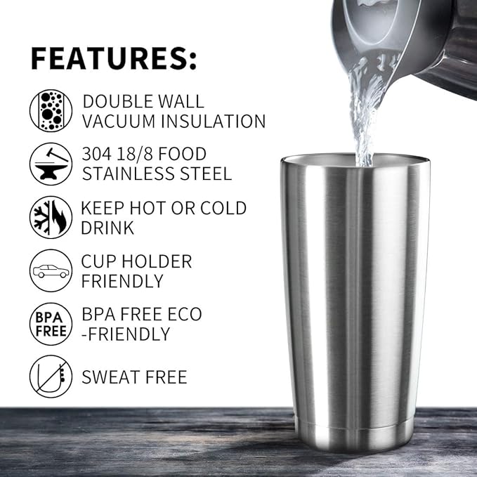 20oz Tumbler Bulk Stainless Steel Vacuum Insulated Tumblers with Lid Double Wall Travel Mug, Powder Coated Coffee Cup, Suitable for Ice Drinks and Hot Beverage(Stainless steel 6pack)
