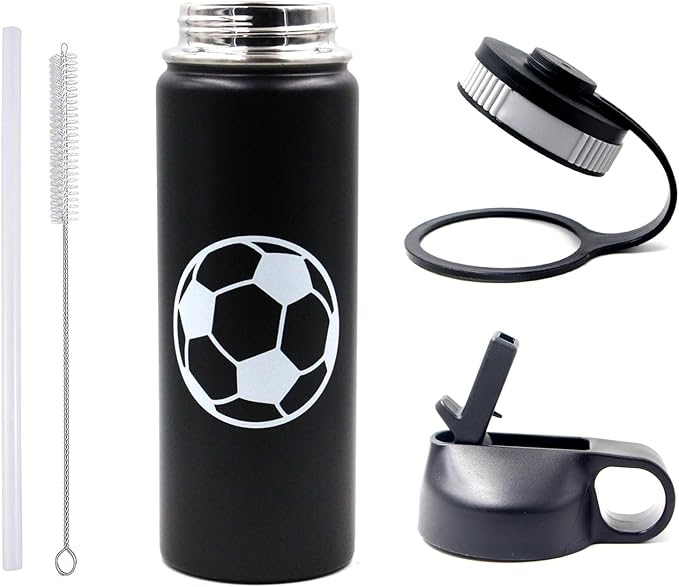 18 oz Soccer Water Bottle, Metal Sports Flask with 2 Lids, BPA-Free 18/8 Stainless Steel Leak Proof Travel Tumbler Double Wall Vacuum Insulated Water Bottles, Soccer Stuff Gifts for Boys Girls Players