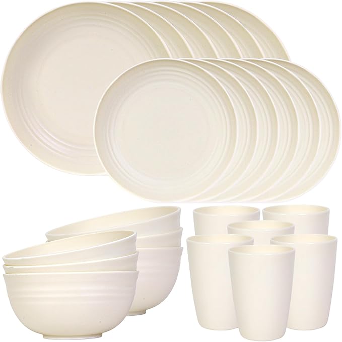 Quatish 24 Piece Plates and Bowls Sets for 6, Unbreakable Dinnerware Sets, Plastic Dish Set for Camping, Dishwasher Microwave Safe, Outdoor Kitchen and Apartment Dinning RV Essentials, Beige