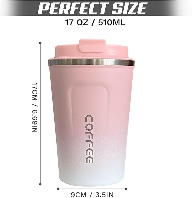 Travel coffee mugs leak-proof, reusable coffee cups with lids, stainless steel vacuum thermos coffee tumblers,thermal insulation cups for men and women hot & cold drinks(2nd-Pink White, 17OZ)