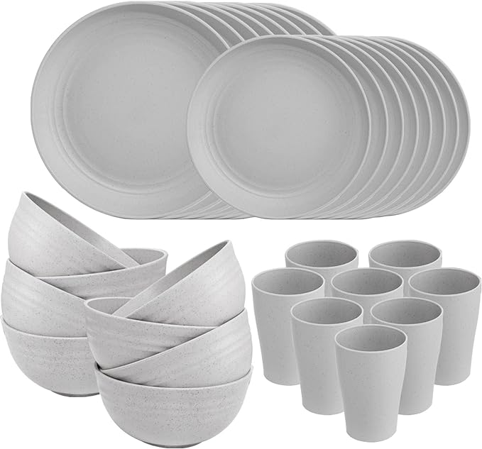 Supernal 32pcs Wheat Straw Dinnerware Sets for 8,Plates and Bowls Sets,Reusable Plastic Plates,Grey Dish Set for 8 include 16pcs Dishes, 8pcs Bowls, 8pcs Cups,Dishwasher Safe.