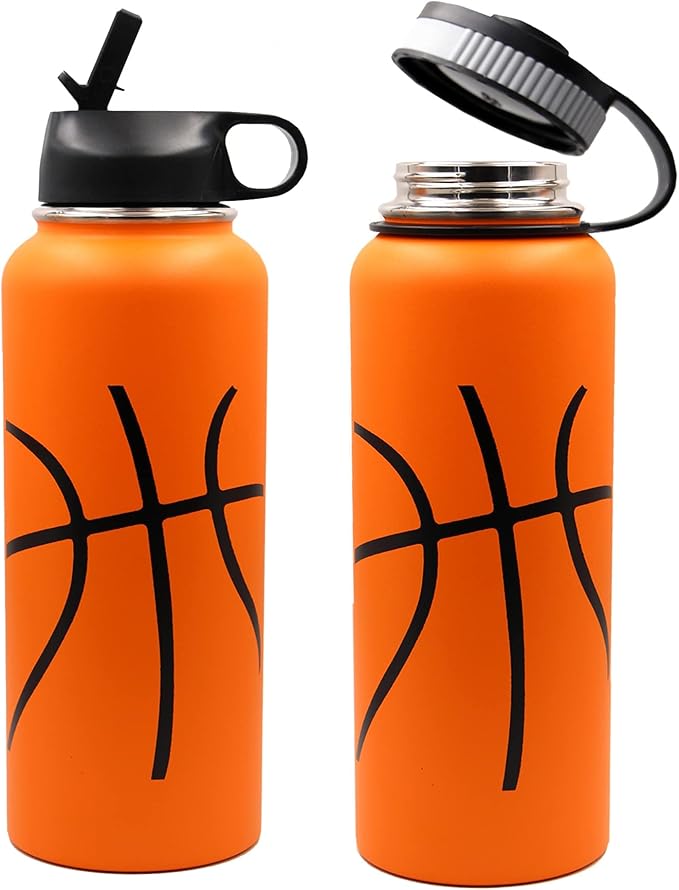 40 oz Basketball Water Bottle, Metal Thermo Travel Tumbler Sports Flask with 2 Lids, Stainless Steel Double Wall Vacuum Insulated Leakproof Water Jug, Basketball Accessories Stuff Gifts for Boys Girls