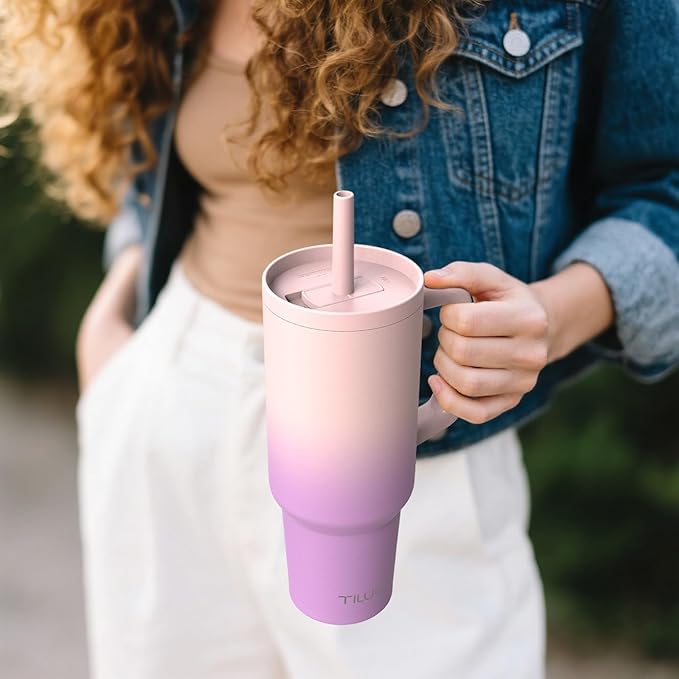 TILUCK 40 oz Tumbler with Handle, Vacuum Insulated Stainless Steel Travel Mug with 100% Leak-Proof Silicone Straw Lid, Cupholder Friendly Water Bottle(PinkPurpleGradient, 40oz)