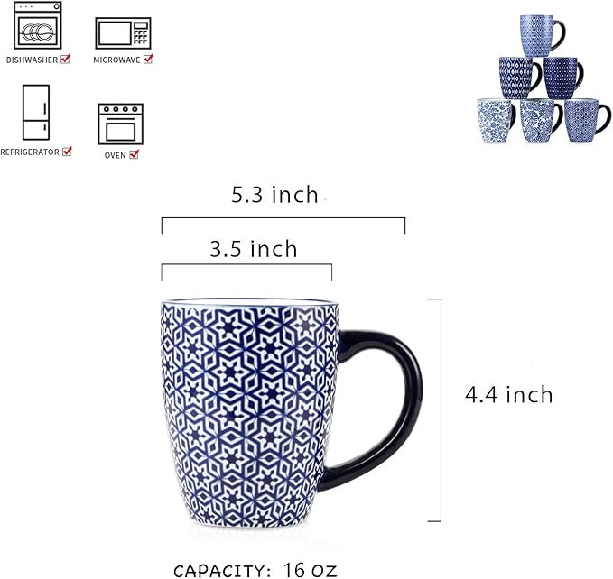 Selamica 16 oz Porcelain Coffee Mugs Set, Ceramic Tea Cup with Handle, dishwasher, oven, microwave safe, Pack of 6, Vintage Blue