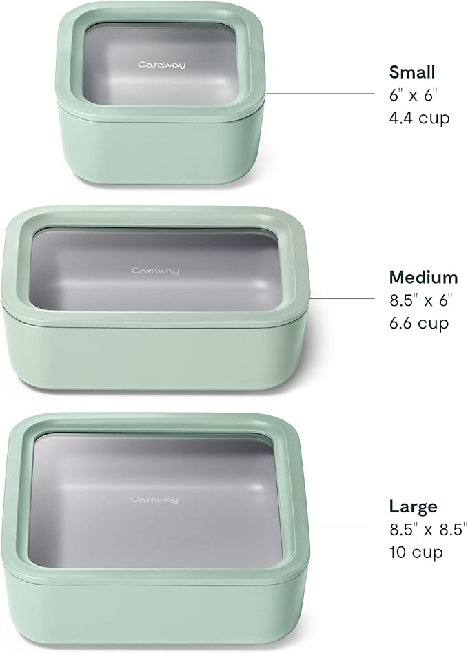 Caraway 3pc Glass Food Storage Set – 10 Cup, 6.6 Cup, & 4.4 Cup Food Containers - Ceramic Coated - Non Toxic Non Stick Lunch Box with Glass Lids - Dishwasher, Oven, & Microwave Safe - Mist