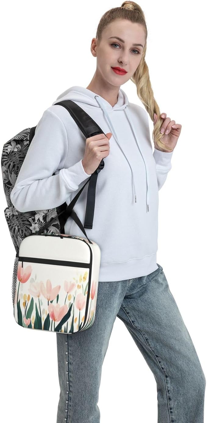 SUPLUCHOM Lunch Bag Tulip Flower Watercolor Insulated Bento Box Cooler with Side Pocket for Girl Boy Women Men Work School Picnic Hiking Daytrip