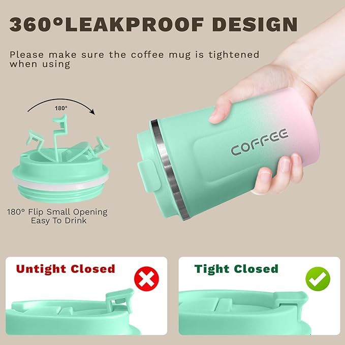 Travel coffee mugs leak-proof, reusable coffee cups with lids, stainless steel vacuum thermos coffee tumblers,thermal insulation cups for men and women hot & cold drinks (2nd-Green Pink, 12OZ)