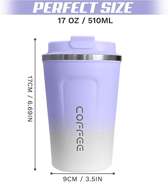 Travel coffee mugs leak-proof, reusable coffee cups with lids, stainless steel vacuum thermos coffee tumblers,thermal insulation cups for men and women hot & cold drinks (2nd-Purple White, 17OZ)