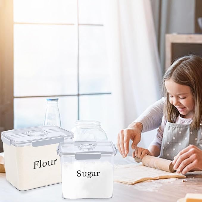 2 Pack Flour Sugar Storage Container,Plastic Food Storage Containers with Airtight Lids,Canisters Sets for The Kitchen,Sugar,Flour,Cereal,Baking Supplies,Rice,Pantry Organization Bin(5.2&2.9L)