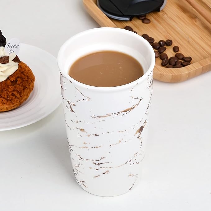 ANTIS'S HOME Ceramic Coffee Mug with Lid, Marble Gold Double Wall Coffee Travel Mug Ceramic Tumbler 12 oz, Reusable Tall Cup, Splash Resistant Lid, Dishwasher Microwaveable Safe