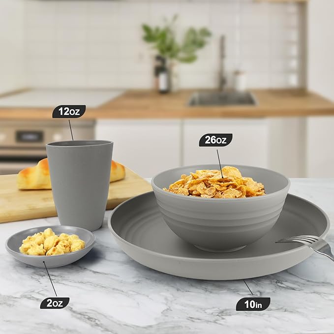 Wrova Wheat straw plates and bowls sets of 16 - Unbreakable wheat straw dinnerware sets for camping - Dishwasher safe and Freezer safe Dishes. Black & Grey