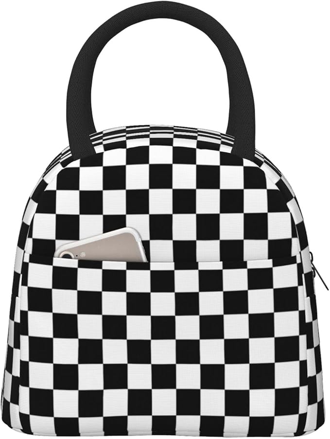Aeoiba Black White Checkerboard Insulated Lunch Box Tote Bag Handbag lunchbox Food Container Gourmet Tote Cooler warm Pouch For School work Office