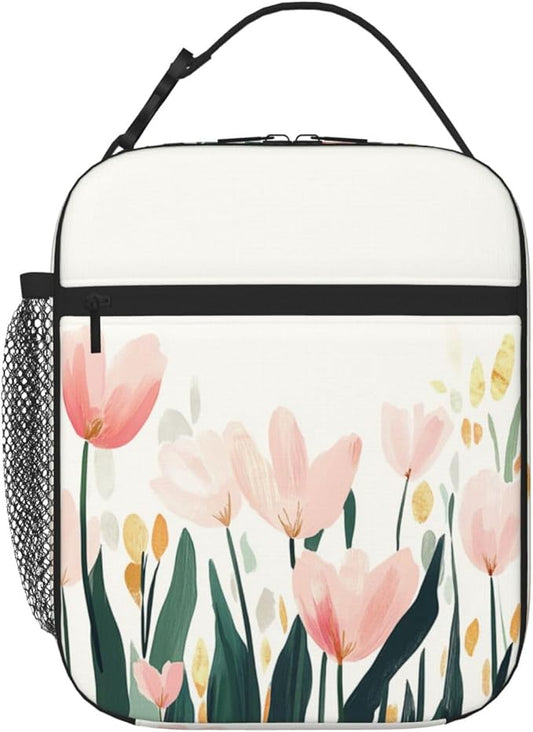 SUPLUCHOM Lunch Bag Tulip Flower Watercolor Insulated Bento Box Cooler with Side Pocket for Girl Boy Women Men Work School Picnic Hiking Daytrip