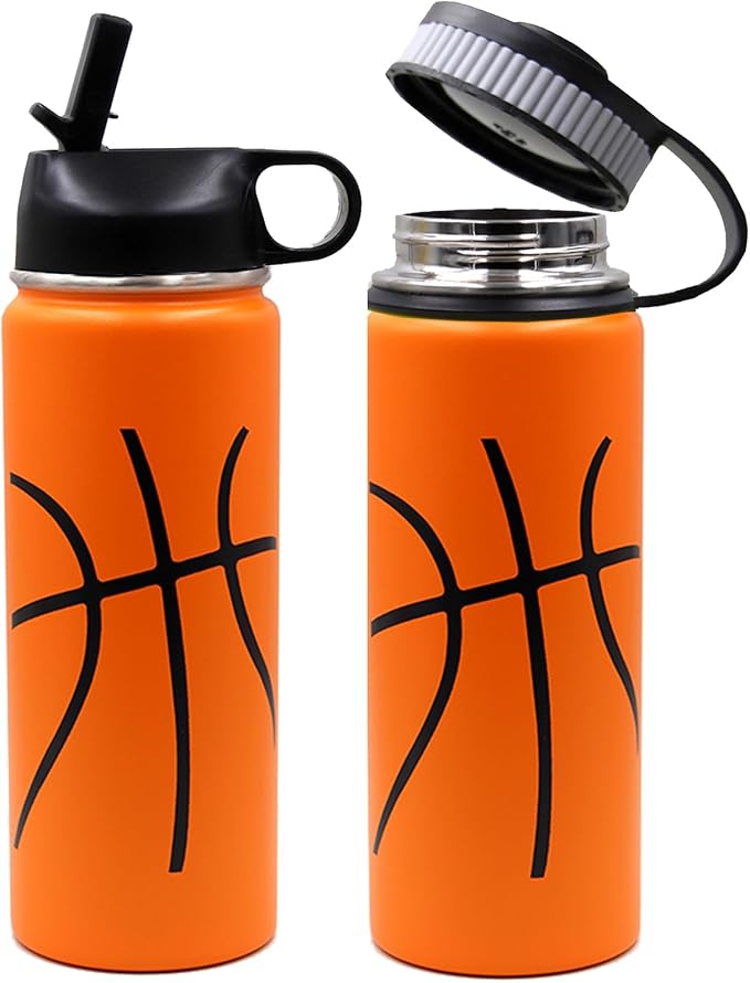 18 oz Basketball Water Bottle, Metal Thermo Travel Tumbler Sports Flask with 2 Lids, Stainless Steel Double Wall Vacuum Leak Proof Insulated Water Bottles, Basketball Accessories Gifts for Boys Girls