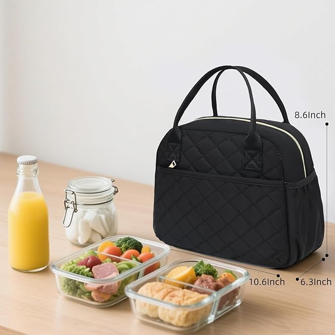CAMTOP Lunch Box for Women Insulated Lunch Bag Lunchbox Cooler Thermal Leakproof Quilted Reusable Lunch Tote Bag for Work School Travel Picnic (Black)