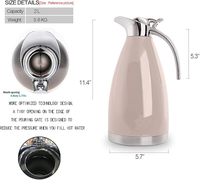 Sumerflos 68 Oz Stainless Steel Coffee Thermal Carafe/Double Walled Vacuum Thermos Insulated / 12 Hour Heat Retention / 2 Liters (Pink)