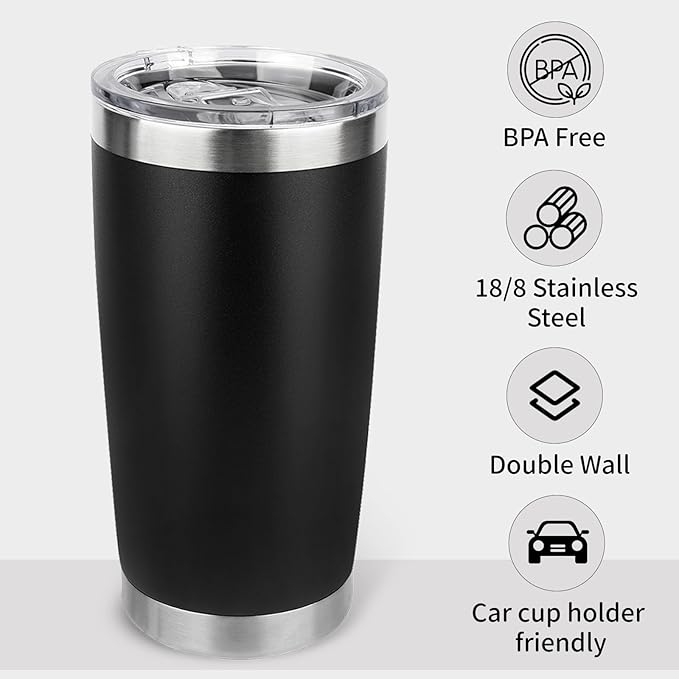20oz Stainless Steel Tumbler Bulk with Lid, Travel Mug - Double Wall Vacuum Powder Coated Cup - Black, 12 Pack