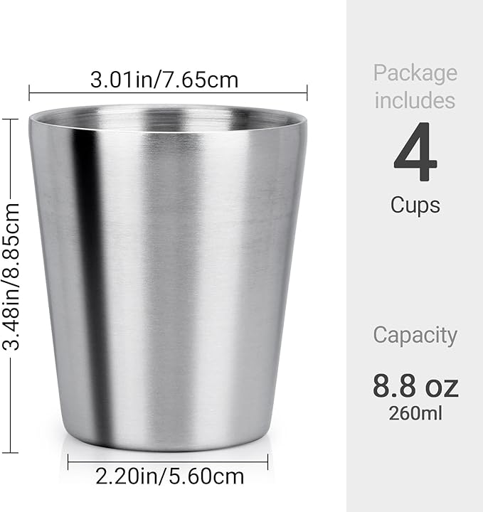 Beasea Stainless Steel Cups 8.8 oz, 4 Pack Small Stainless Steel Tumbler Bulk Stackable Insulated Mini Cups for Drinking Double Wall Metal Glasses Tin Cups for Office Home Party Camping