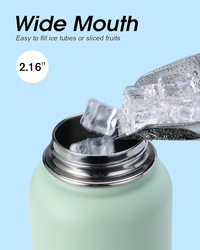 Water Bottle 32 oz Insulated with Straw, Coolflask Stainless Steel Metal 3 Lids Water Flask Wide Mouth for Sports or Office, Non-BPA Keep Cold Up to 48 Hrs or Hot Up to 24 Hrs, Ombre Green