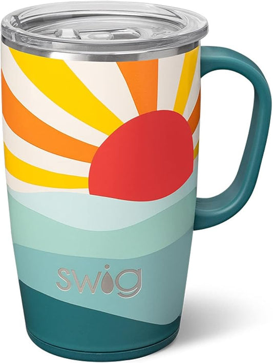 Swig Life 18oz Travel Mug, Insulated Tumbler with Handle and Lid, Cup Holder Friendly, Dishwasher Safe, Stainless Steel, Travel Coffee Cup (Sun Dance)