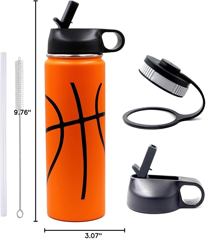 22 oz Basketball Water Bottle, Metal Thermo Travel Tumbler Sports Flask with 2 Lids, Stainless Steel Double Wall Vacuum Insulated Leak Proof Water bottles, Basketball Accessories Gifts for Boys Girls