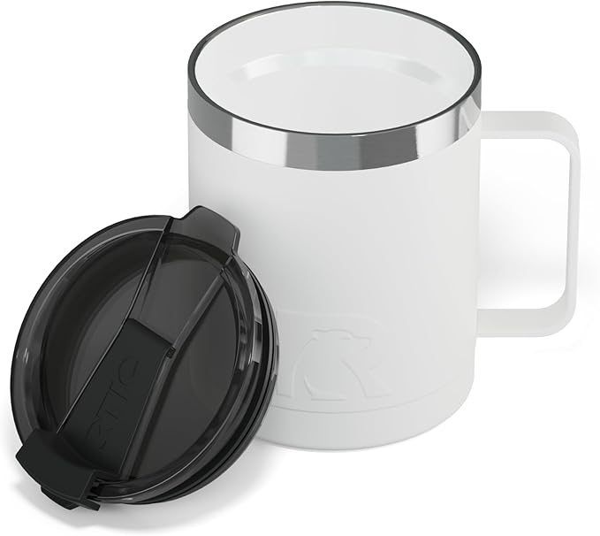 RTIC 12oz Essential Coffee Mug with Lid and Handle, Insulated, Ceramic Lined, Stainless Steel, Metal, Double Wall Vacuum-Insulation, Portable, Travel Cup for Hot and Cold Drink, White