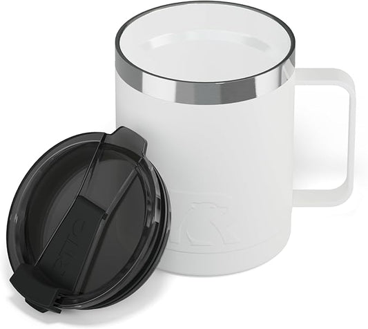 RTIC 12oz Essential Coffee Mug with Lid and Handle, Insulated, Ceramic Lined, Stainless Steel, Metal, Double Wall Vacuum-Insulation, Portable, Travel Cup for Hot and Cold Drink, White