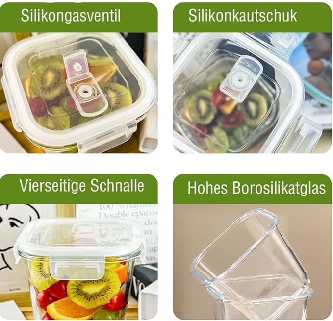 Square Glass Food Storage Containers, 4 Cup Glass Soup Container with Airtight Lids,Square Food Meal Prep Bowls for Salad soupleftovers, Fridge、Microwave、Dishwasher Safe (4 Pack)