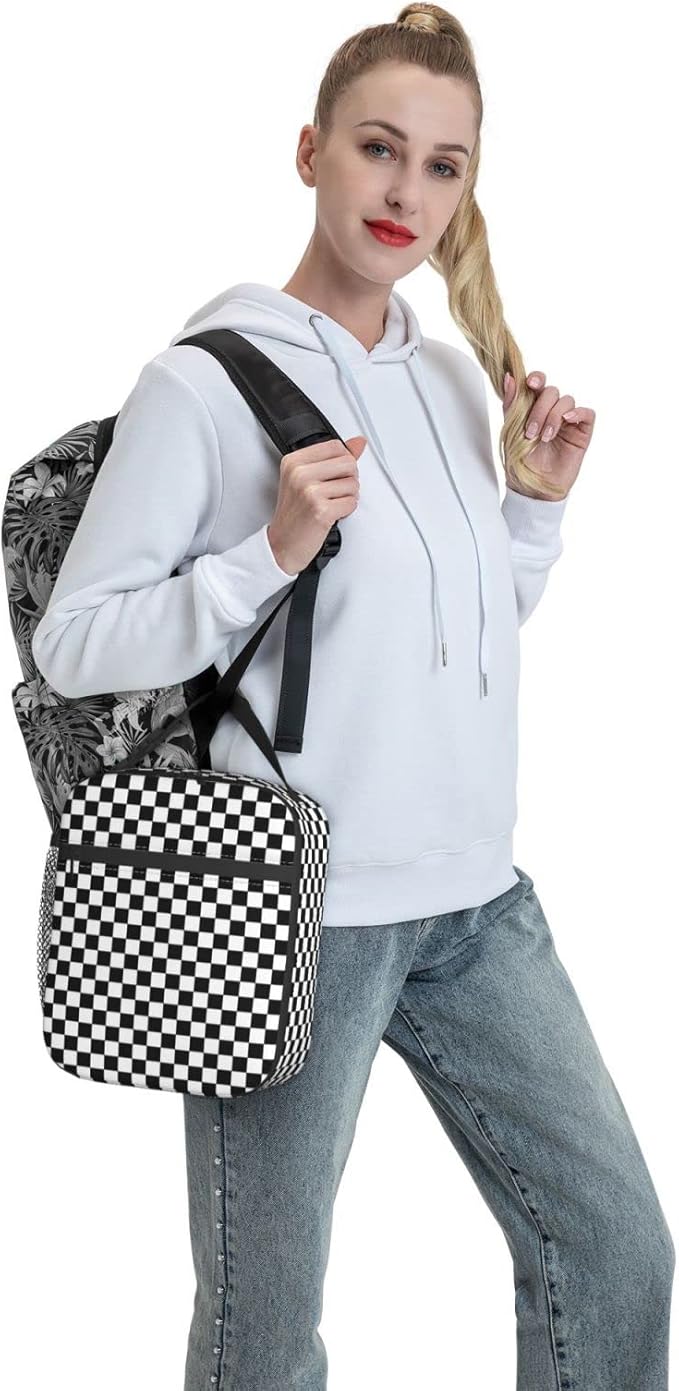 Black White Checkerboard Insulated Lunch Box Bag Portable Lunch Tote For Women Men And Kids
