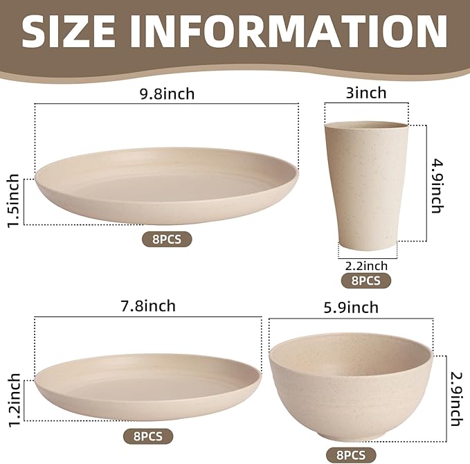 Cream Plastic Plates and Bowls Sets Dishwasher and Microwave Safe Wheat Straw Dinnerware Sets for 8,Reusable Plastic Dishes Set Lightweight Unbreakable for Kitchen Camping Outdoor RV 32 Pcs