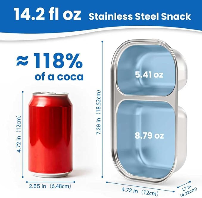 4 Pack Stainless Reusable Steel Snack Containers, Capacity Upgrade 2 Compartment Snack Containers with Lids, Reusable Food Storage Containers with Lids for Travel, Outdoor, Camping