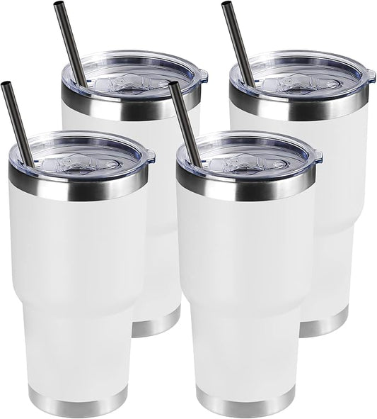 DOMICARE 30 oz Tumbler with Lid and Straw, Stainless Steel Tumblers Bulk, Insulated Vacuum Double Wall Travel Coffee Mug, Durable Powder Coated Tumbler Cups (White, 4)