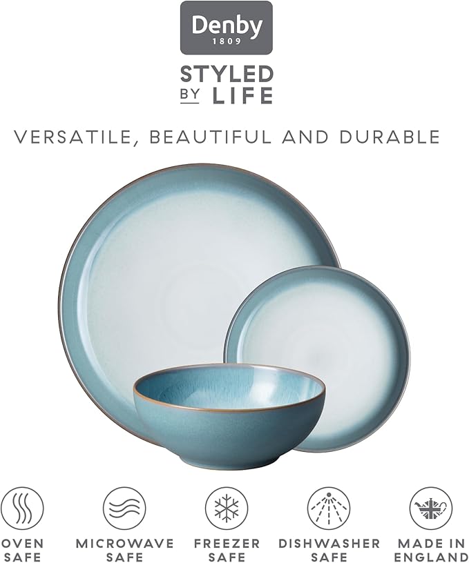 Denby - Azure Haze Dinner Set For 4-12 Piece Coupe Reactive Glaze Aqua Ceramic Stoneware Tableware Set - Dishwasher Microwave Oven Safe - Scratch Chip Resistant