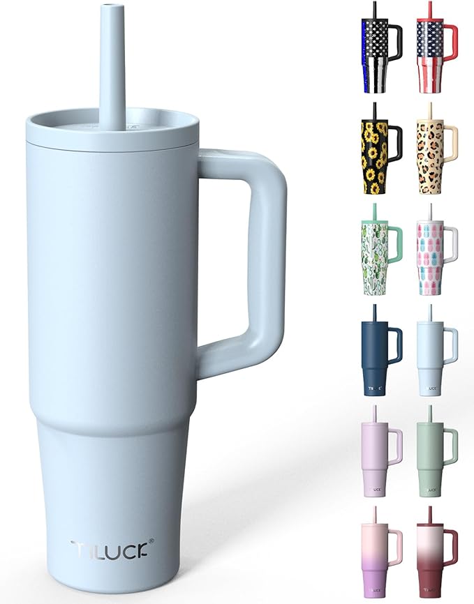 TILUCK 30 oz Tumbler with Handle, Vacuum Insulated Stainless Steel Travel Mug with 100% Leak-Proof Silicone Straw Lid, Cupholder Friendly Water Bottle(LightBlue, 30oz)